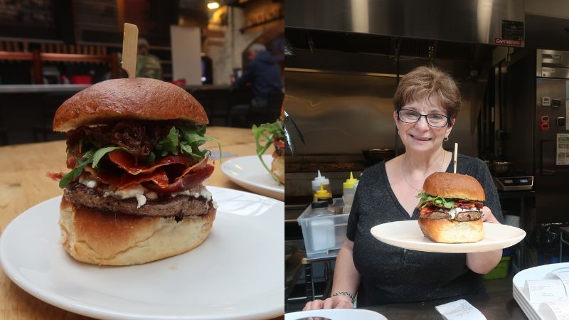A collage of a woman holding up a burger on a plate and a close up shot of the burger